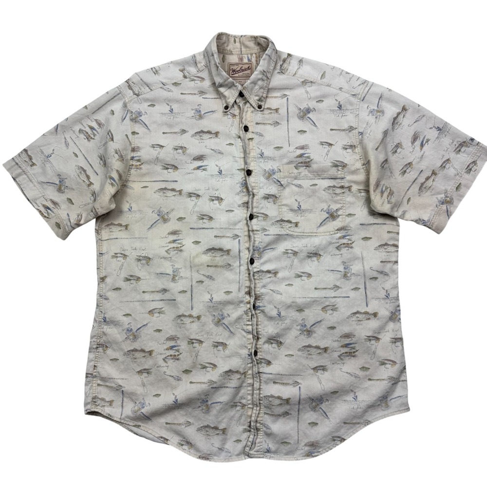 Woolrich Shirt Men's Size L Fishing Tackle Reel Button Up Pocket Outdoor Camp